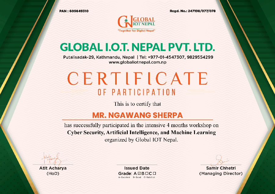 Global IOT Nepal Workshop Certificate